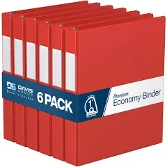 Premium Economy 1-Inch Binder, 3-Ring Binder for School, Office, or Home, Colored Binder Notebook, Pack of 6, D Ring, Red