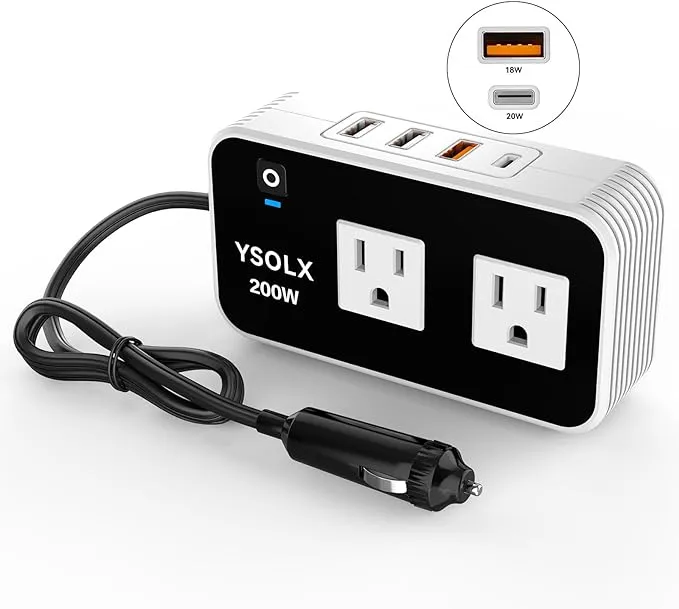 YSOLX 200W Car Power Inverter, DC 12V to 110V AC Inverter, Car Charɡer Adapter with 20W USB-C/USB-QC(18W)/4.8A Dual USB/Dual AC Outlet, Car Pluɡ Adapter Outlet for Laptop/Road Trip