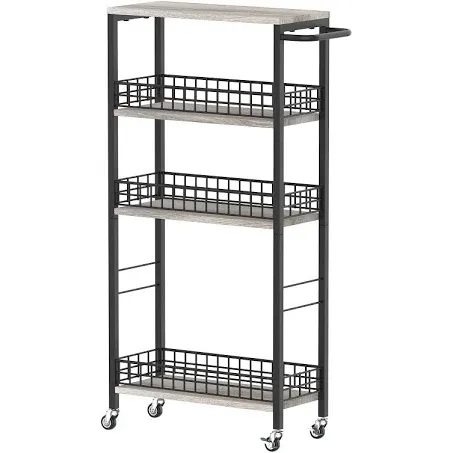 4 Tier Slim Storage Cart Narrow Laundry Cart on Wheels Utility Kitchen Rolling Cart with Wood Tabletop Mobile Shelving Unit Bathroom Storage Organizer Slide Out Rolling Tower for Narrow Spaces