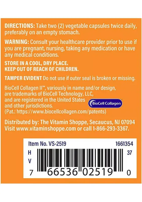 EXP 7/2025 Biocell Collagen II w/Hyaluronic Acid 1000mg 180 Caps Vitamin Shoppe