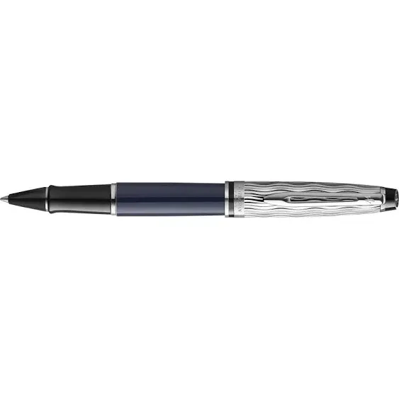 Waterman Expert Rollerball Pen | Metal & Blue Lacquer | Chiselled Cap | Black Ink | Gift Box