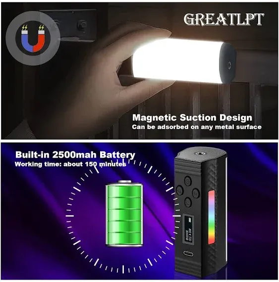 GreatLPT RGB Handheld Light Wand, Magnetic Handheld LED Light Wand, 0-360 Full Color, 2500-8500K Dimmable, CRI95+, Rechargeable Video