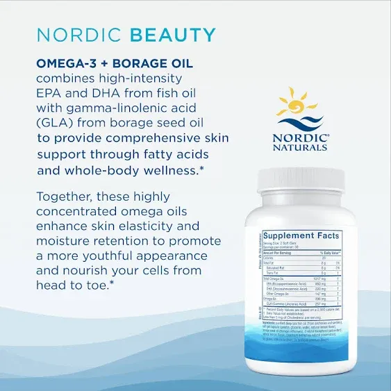 Nordic Naturals Nordic Beauty Omega-3 + Borage Oil, Natural Lemon-Flavored - 60 Soft Gels - Fish Oil Supplement for Skin Health and Hydration - Non-GMO - 30 Servings