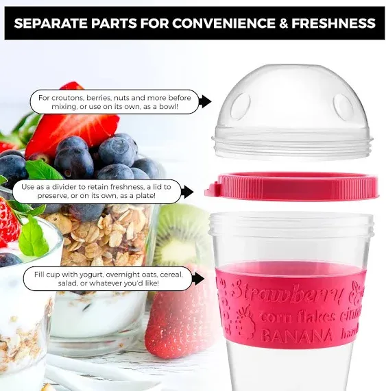 Tribello 20 OZ Overnight Oats Container With Lid, Set of 4 Crunch Cups To Go, Portable Parfait Cup With Compartments for Topping Cereal Or Oatmeal - Red