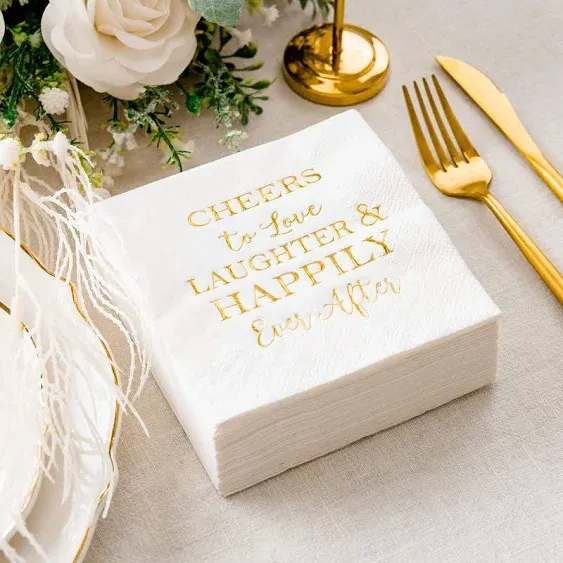 Crisky 100 Count Bridal Shower Napkins Disposable Cocktail Napkins 3-Ply Gold Foil Text Beverage Napkins for Engagement Party Decorations & Wedding Shower