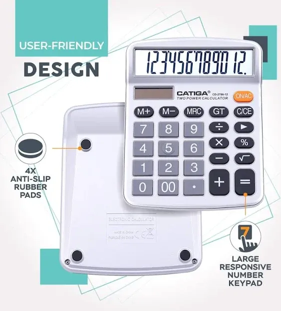 CATIGA 12 Digits Desktop Calculator with Large LCD Display, Dual Solar Power and Battery, Standard Function for Office, Home, School, CD-2786