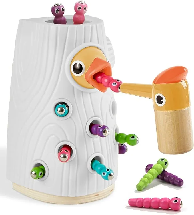 Top Bright Wooden Magnetic Pretend Woodpecker Catch Worm Insect Game Developmental Toy, White