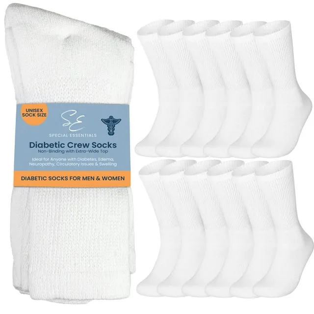 Special Essentials 12 Pairs Cotton Diabetic Socks Crew for Men and Women White (Size 10-13)