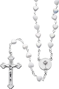 Roman - Communion Rosary with Heart Shaped Beads, First Communion Collection, 16" L, 6mm Beads, White and Silver, Made in Italy, Glass and Metal, Religious Gift