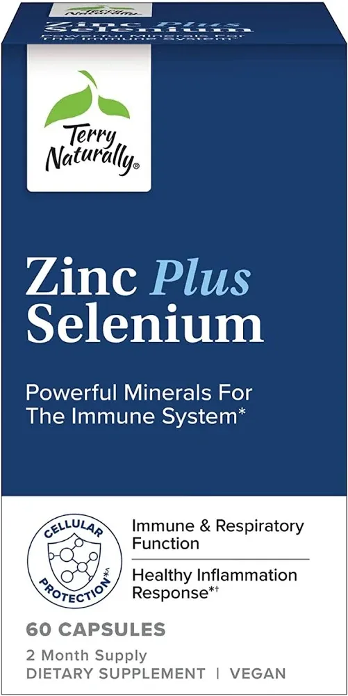 Terry Naturally Zinc Plus Selenium - 60 Capsules - Immune Support, Respiratory Function, Cellular Protection - Non-GMO, Vegan - 60 Servings