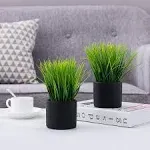 MyGift Tabletop Artificial Grass Plants Decorative Faux Greenery Plant Potted in Modern Cylindrical Black Cement Pots, Set of 2