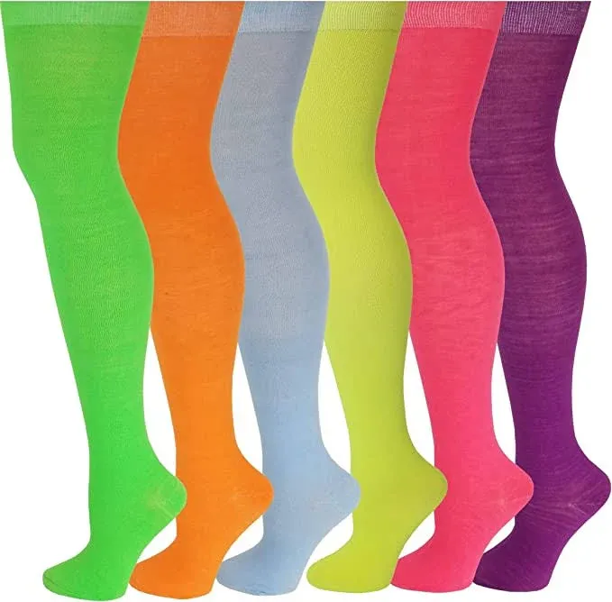 Sumona 6 Pairs Pack Women Multi Neon Color Fancy Design Thigh High Over the Knee Socks Stockings