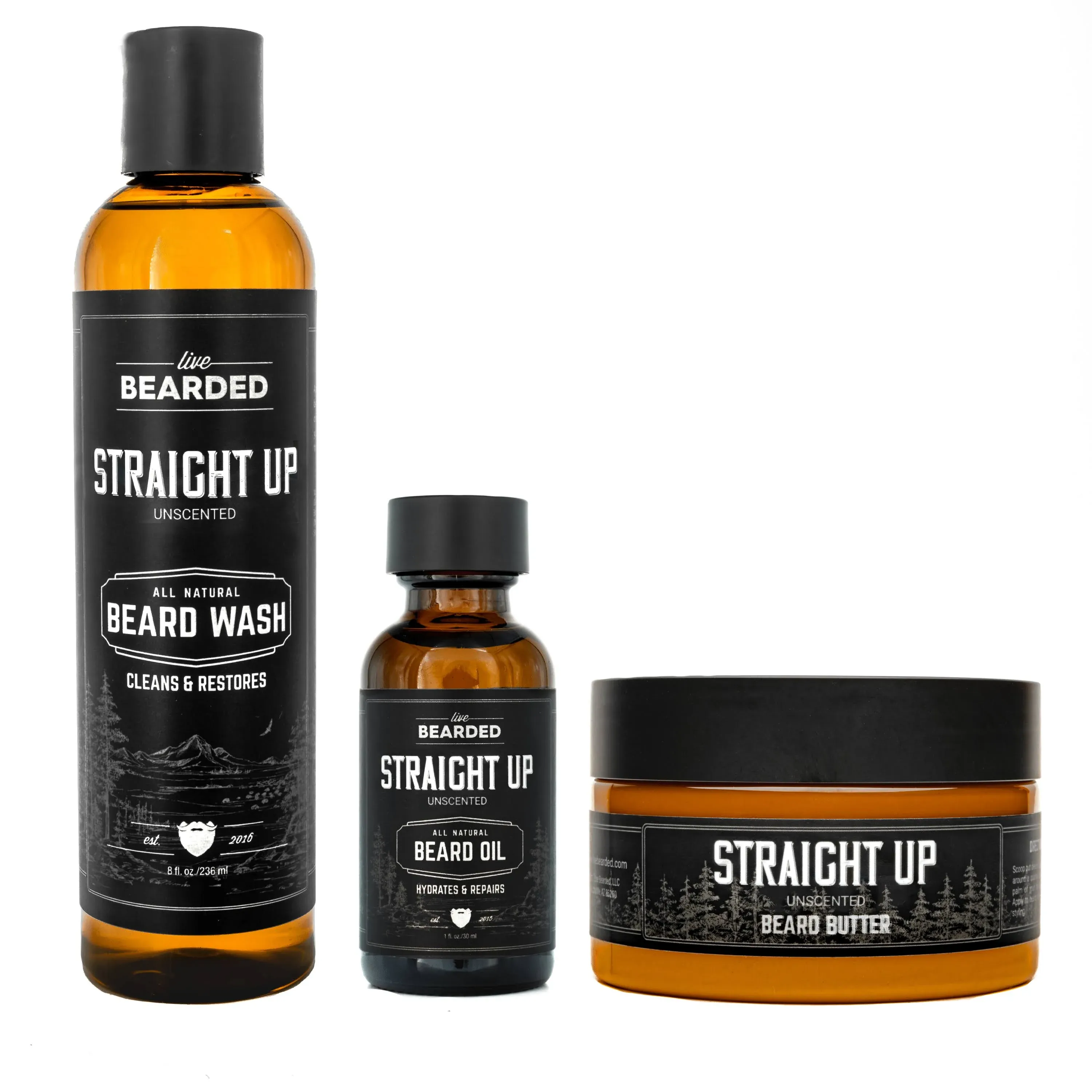 Live Bearded: 3-Step Beard Grooming Kit - Straight Up - Beard Wash, Beard Oil and Beard Butter - All-Natural Ingredients with Shea Butter, Jojoba Oil and More - Beard Growth Support - Made in the USA