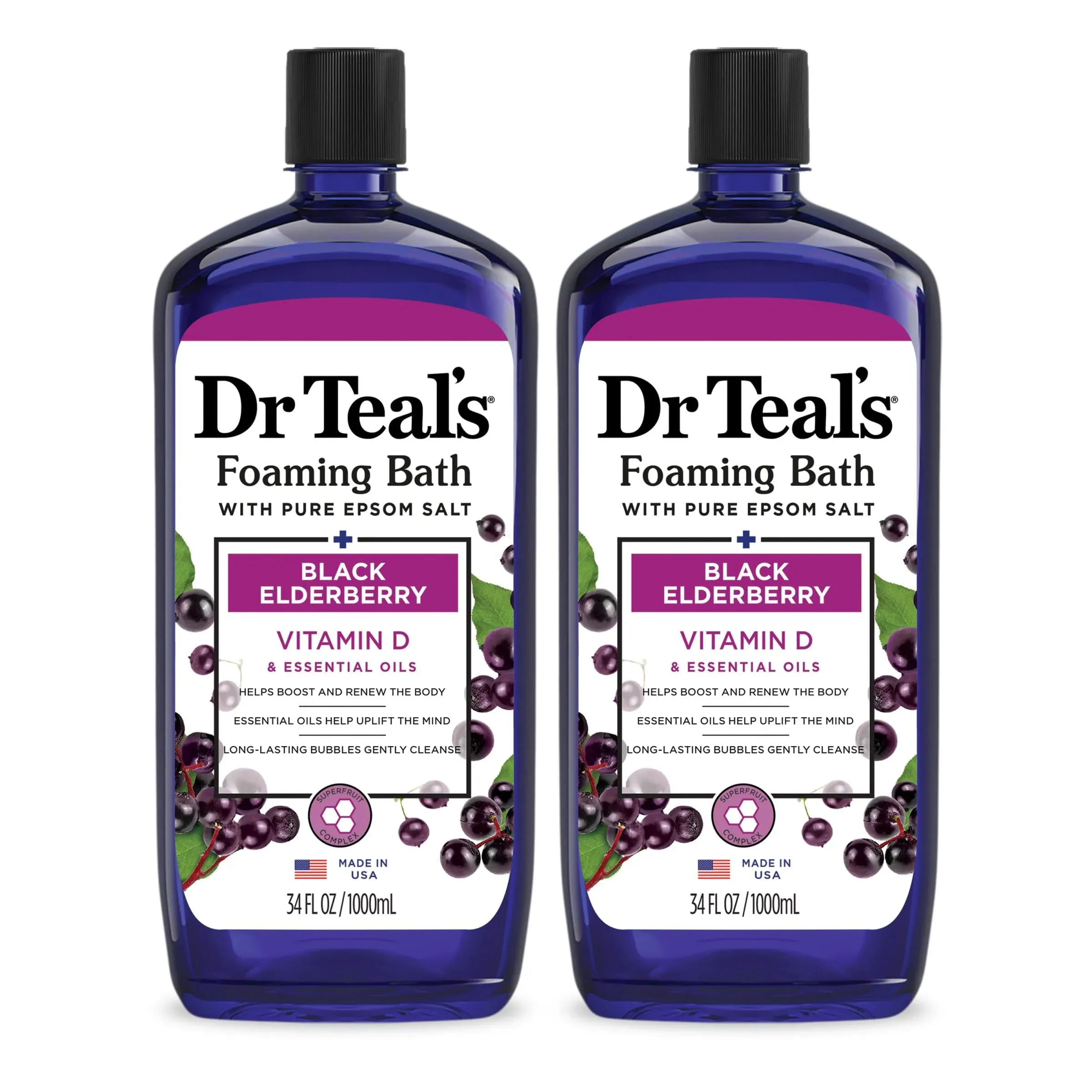 2 Pack Dr Teal&#039;s Black Elderberry Essential Oils Foam Bath Pure Epsom Salt 34 Oz