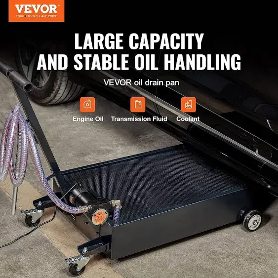 VEVOR Low Profile Oil Drain Pan 15 Gallon Oil Drain Pan with Pump Oil Change Pan with 180W Electric Pump 8.2ft Hose & Folding Handle Rolling Oil