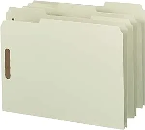 Smead 100% Recycled Pressboard Fastener File Folder, 2 Fasteners, 1/3-Cut Tab, 1" Expansion, Letter Size, Gray/Green, 25 per Box (15003)