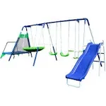 Sportspower Mountain View Metal Swing, Slide and Trampoline Set with Slide