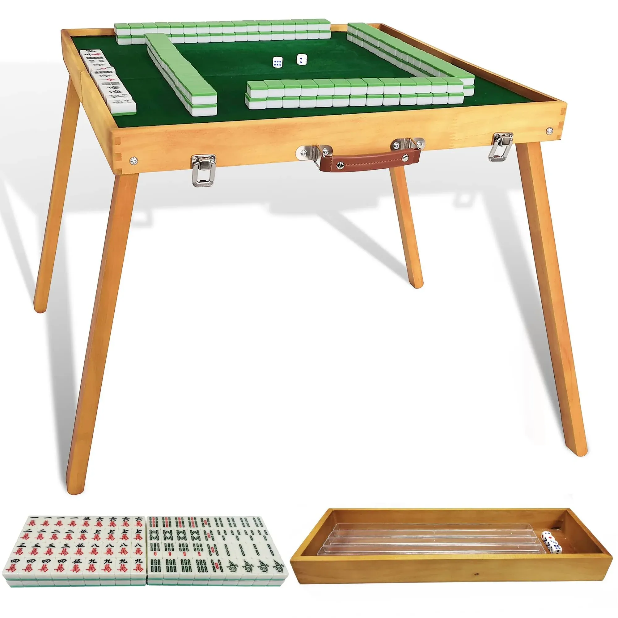 Foldable Mahjong Table with Mahjong Tiles Set,Portable Majong Table with 144pcs Majiang Tiles,1x Storage Box, 1x Storage Bag and 4 All in One Racks and Pushers[麻将套装]