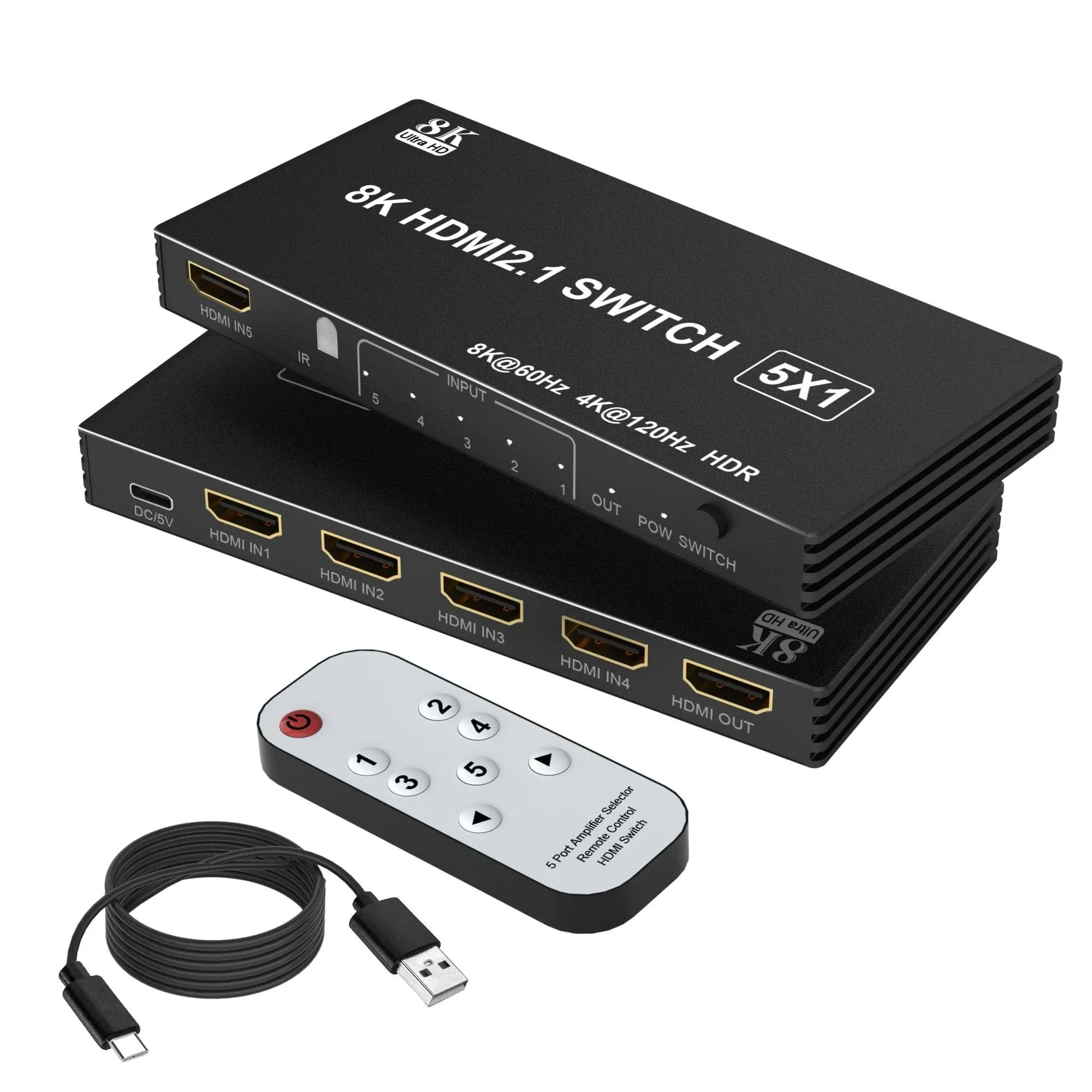 Yeemie Pro 8K60Hz HDMI Switch 5 in 1 Out 5 Port HDMI 21 Switcher Selector Box for 5 Computers with Remote Control HDMI Multiport Adapte