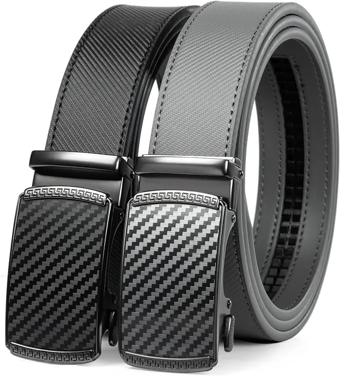 Founders & C Mens Belt 2 Pack,Leather Ratchet Click Belt Dress with Slide Buckle 1 3/8" in Gift Set Box- Size Adjustable