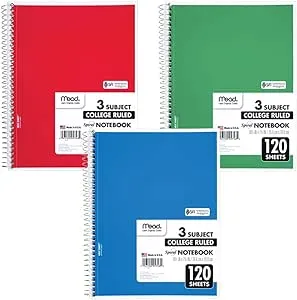 Mead Spiral Notebook, 3 Subject, College Ruled Paper, 120 Sheets, 10-1/2" x 8", Color Selected For You, 1 Count (05748)