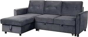 City Chic Sectional Sofa Sleeper with Storage Chaise, Tufted Pull Out Couch with Storage, Sectional Sofa Bed, L-Shaped Reversible Sleeper Sofa with Storage, Black,Velvet Gray