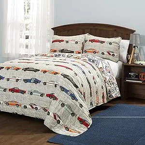 Lush Decor Race Car Kids' 3-Piece Quilt Bed Set, Reversible Bedding Set for Boys, Blue & Orange, Full/Queen