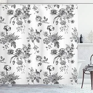 Ambesonne Black and White Shower Curtain, Vintage Floral Pattern Victorian Classic Royal Inspired New Modern Art, Cloth Fabric Bathroom Decor Set with Hooks, 69" W x 84" L, Black and White