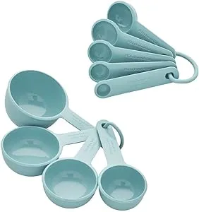 KitchenAid Universal Measuring Spoon Set, 1/3, and 1 Cup Tablespoon, 1, 1/2, 1/4 Teaspoon Size, 9 Piece, Aqua Sky