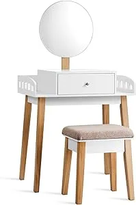 GOFLAME Vanity Dressing Table Set with Cushioned Stool & Height-Adjustable Large Mirror, Makeup Dressing Table Desk with Large Drawer for Home Office Bedroom Contemporary Vanity Table Desk, White