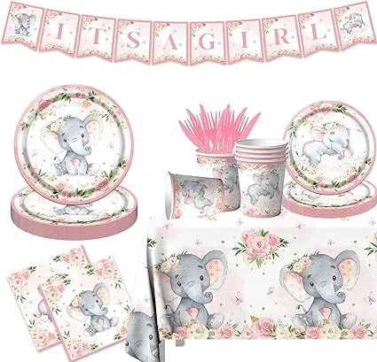 142 Pcs Pink Elephant Baby Shower Decorations for Girl It&#039;s A Girl Plates and...