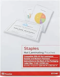 Staples Letter Size Thermal Laminating Pouches, 3 mil, 50 Pack