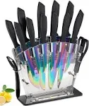 Knife Set, 16 Pieces Rainbow Titanium Coating Cutlery Set No Rust Knife Block with Serrated Steak Knives