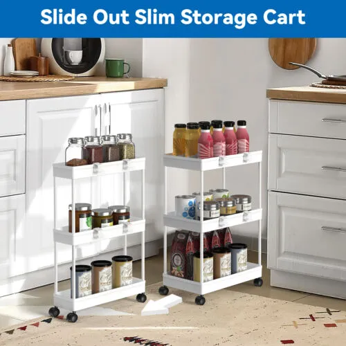 2pcs Slim Rolling Cart Slide Out Storage Shelving Unit for Narrow Space Kitchen