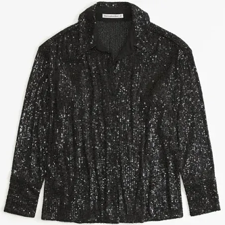 Women's Long-Sleeve Sequin Button-Up Shirt in Black | Size XS | Abercrombie & Fitch