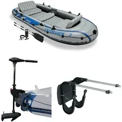 Intex Excursion 5 Person Inflatable 12V Transom Mount Boat Trolling Motor Boat with 2 Aluminum Oars, Pump, and Motor Mount Kit