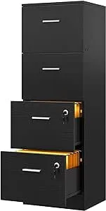 DWVO 4-Drawer File Cabinet with Lock, Filing Cabinet for Letter A4-Sized Files, Easy to Assemble, Black