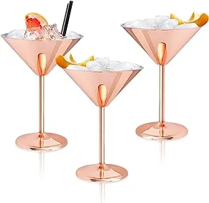 Set of 3 Stainless Steel Martini Glasses, 200ML Rose Gold Unbreakable Cocktail G