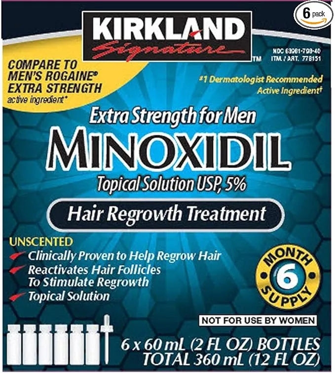 6 Months Kirkland Minoxidil 5% Extra Strength Hair Loss Regrowth Treatment Men, 12 Fl Oz (Pack of 6)