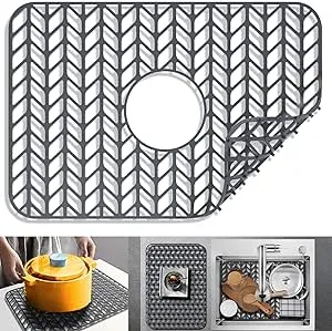 Silicone sink mat protectors for Kitchen12”13”16”18”19”24”26”28”29”.JIUBAR Kitchen Sink Protector Grid for Farmhouse Stainless Steel accessory with Center Drain.(18.2''x 12.5''Grey)