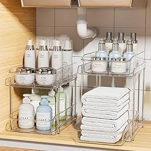 2 Tier Clear Organizer with Dividers, Delamu Slide-Out Bathroom Storage Organizer, Sliding Under Sink Cabinet Organization, 2 SET