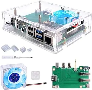 GeeekPi Acrylic Set-top Box Kit for Raspberry Pi, Pi 4 Case with 4010 Fan 5V (Blue LED Light) + Pi 4 Heatsinks + Extension Board for Raspberry Pi 4 Model B