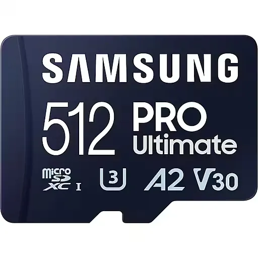 SAMSUNG PRO Ultimate microSD Memory Card + Adapter, 512GB microSDXC, Up to 200 MB/s, 4K UHD, UHS-I, Class 10, U3,V30, A2 for GoPRO Action Cam, DJI Drone, Gaming, Phones, Tablets, MB-MY512SA/AM