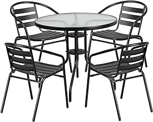 Flash 31.5&#039;&#039; Round Glass Metal Table, 4 Black Metal Aluminum Slat Stack Chairs