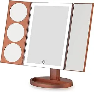 MIRRORVANA® X-Large Vanity Makeup Mirror with LED Lights | 360° Rotatable Extravagant Trifold Cosmetic Mirror with 10X, 5X, 3X Magnification for Women, Teens and Girls (Rose Gold)