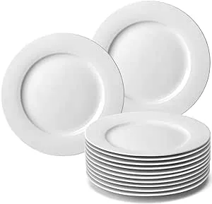 amhomel 12-Piece White Porcelain Dinner Plates, Round Dessert or Salad Plate, Serving Dishes, Dinnerware Sets, Scratch Resistant, Lead-Free, Microwave, Oven and Dishwasher Safe (10.5-inch)