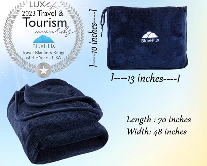 BlueHills Premium Soft Long Travel Blanket Pillow for Tall Airplane Flight Blanket Throw in Bag Case with Backpack Clip Compact Large Navy Blue T051