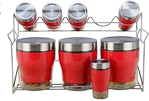 9 Piece Stainless Steel Red Color And Glass Kitchen Counter Storage And Spice Ja