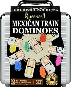 Queensell Mexican Train Dominoes Set with Wooden Hub, Domino Tile Board Games - Double 12 Dominos Set for Family Game Night for Adults and Kids Ages 8 and up (Double 12)