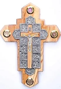 14 Stations Olive Wood Crucifix with Samples from The Holy Land (7 x 5 Inches)